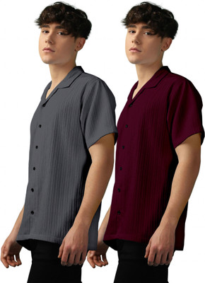 OXXOM Men Self Design, Striped Casual Grey, Maroon Shirt(Pack of 2)
