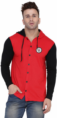 GEUM Men Self Design Casual Black, Red Shirt