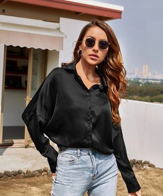 POPWINGS Women Solid Casual Black Shirt