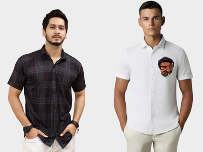 Emporium Men Striped, Self Design Casual Black Shirt(Pack of 2)