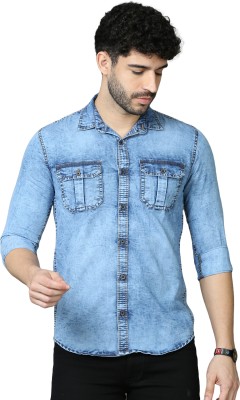 ZHAO Men Solid Casual Light Blue Shirt