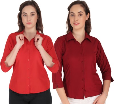 Hunoor Women Solid Formal Red, Maroon Shirt(Pack of 2)