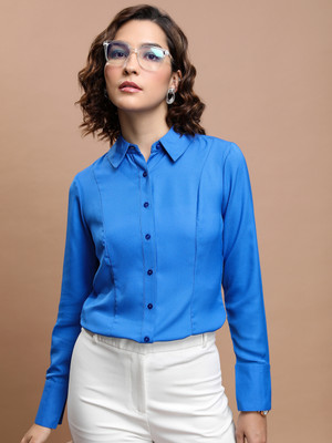 Tokyo Talkies Women Solid Casual Blue Shirt