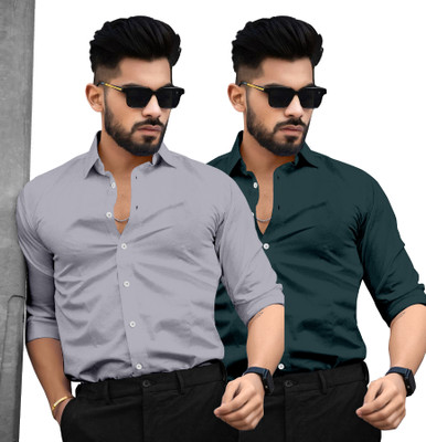 SAADIWALA Men Solid Casual Green, Grey Shirt(Pack of 2)
