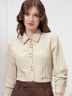 Tokyo Talkies Women Self Design Casual Beige Shirt