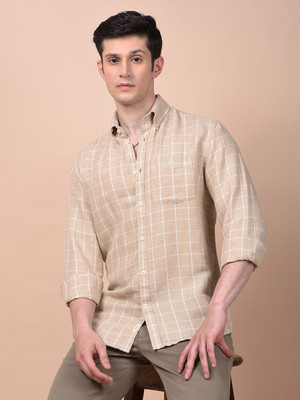 CRIMSOUNE CLUB Men Checkered Casual Beige Shirt