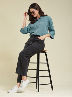 Pearlize Women Solid Casual Blue Shirt