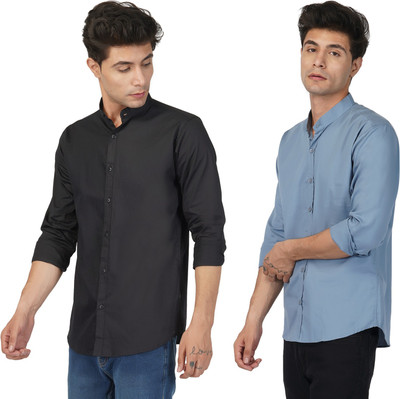 BASE 41 Men Solid Casual Light Blue, Black Shirt(Pack of 2)