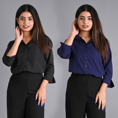 LA ROPA Women Solid Casual Black, Blue Shirt(Pack of 2)