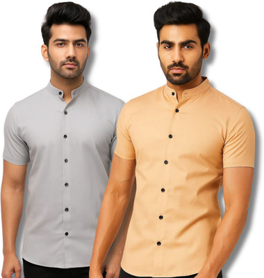 COTTONCHHAP Men Solid Casual Grey, Orange Shirt(Pack of 2)