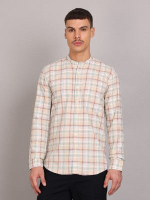 Nanzi Men Checkered Casual Khaki Shirt
