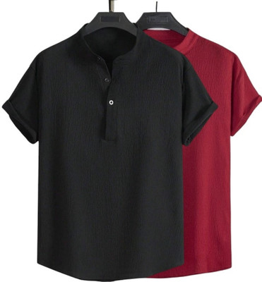 METRONAUT Men Solid Casual Black, Maroon Shirt(Pack of 2)