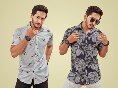 METRONAUT Men Floral Print Beach Wear White, Grey Shirt(Pack of 2)