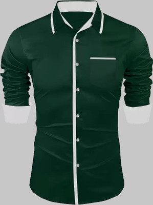 DEEMOON Men Solid Casual Dark Green Shirt
