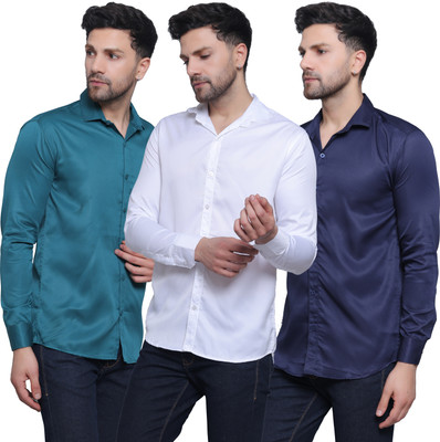 CRAFT HEAVEN Men Solid Casual Dark Green, White, Dark Blue Shirt(Pack of 3)