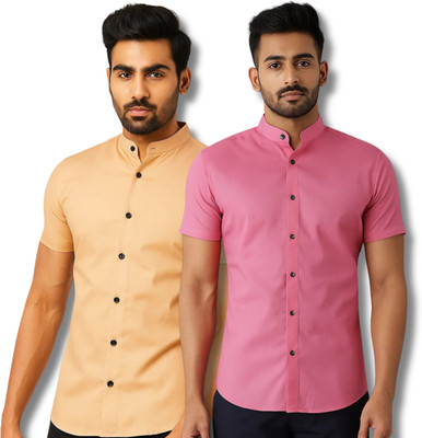 RANGFIT Men Solid Casual Orange, Pink Shirt(Pack of 2)
