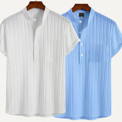 Looksky Men Self Design Casual White, Light Blue Shirt(Pack of 2)