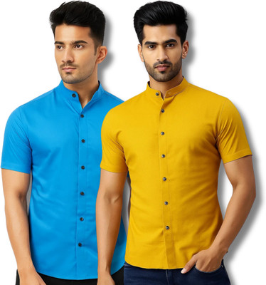 RANGFIT Men Solid Casual Blue, Yellow Shirt(Pack of 2)