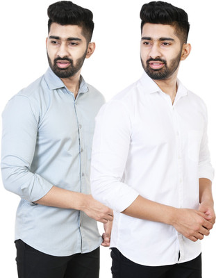 Feel high Men Solid Casual White, Grey Shirt(Pack of 2)