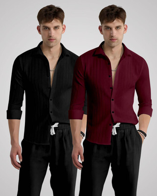 kruze Men Self Design Casual Black, Maroon Shirt(Pack of 2)