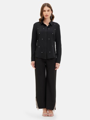 KAZO Women Embellished Formal Black Shirt