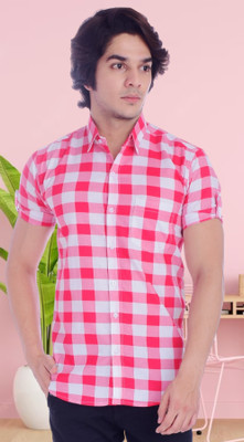 BASE 41 Men Checkered Casual Pink Shirt