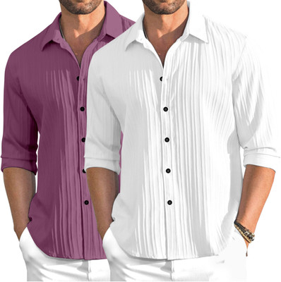 OXXOM Men Self Design Casual Pink, White Shirt(Pack of 2)