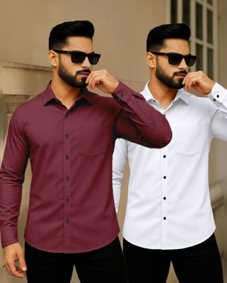 AITAVIKOVERSEAS Men Solid Casual Maroon, White Shirt(Pack of 2)