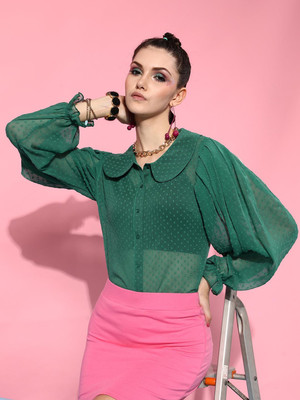 STREET9 Women Self Design Casual Green Shirt
