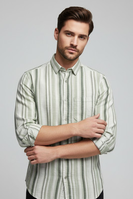 Hawk & Hounds Men Striped Casual Green, White Shirt