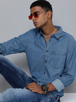 R.Code by The Roadster Life Co. Men Washed Casual Blue Shirt