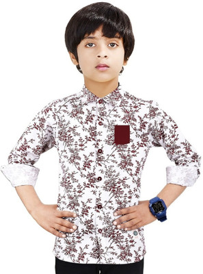 Paper Crane Boys Printed Casual White, Maroon Shirt
