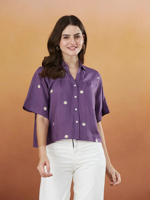 J TURRITOPSIS Women Embroidered Casual Purple Shirt