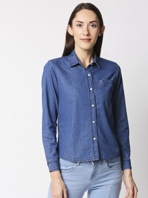 High Star Women Solid Casual Dark Blue Shirt