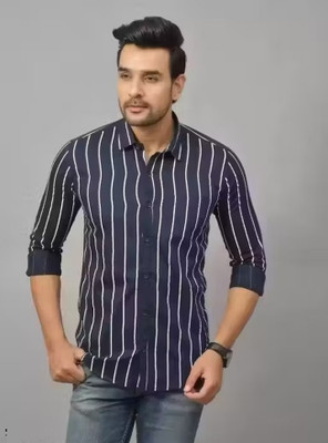 SEIGE Men Striped Party Dark Blue, White Shirt