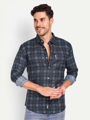 LeWogle Men Checkered Casual Dark Blue Shirt