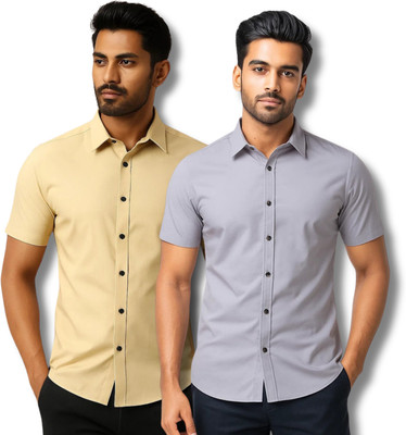 RAREMARK Men Solid Formal Beige, Grey Shirt(Pack of 2)