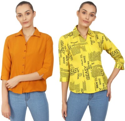 Laxmi sports Women Solid, Printed Casual Yellow Shirt(Pack of 2)