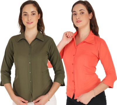 Hunoor Women Solid Casual Dark Green, Orange Shirt(Pack of 2)