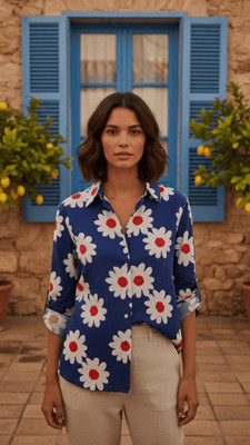 Lacely Women Printed Casual Blue Shirt