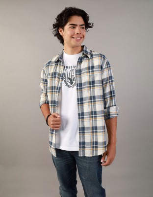 American Eagle Men Checkered Casual Dark Blue, White, Yellow Shirt