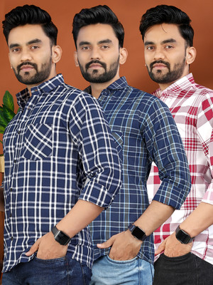 allan peter Men Checkered Casual Multicolor Shirt(Pack of 3)