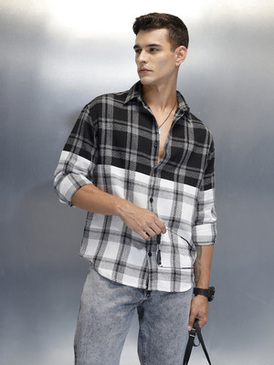 WROGN Men Checkered, Color Block Casual Black Shirt