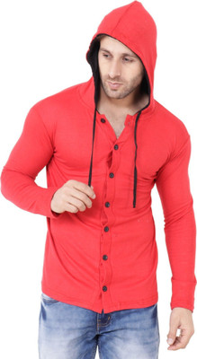 GEUM Solid Men Hooded Neck Red T-Shirt