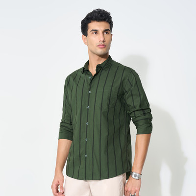 Peregrine by Pantaloons Men Striped Casual Green Shirt