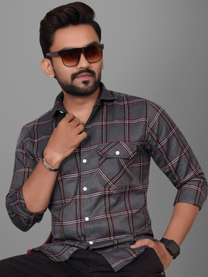 Voroxy Men Checkered Casual Grey, Maroon Shirt