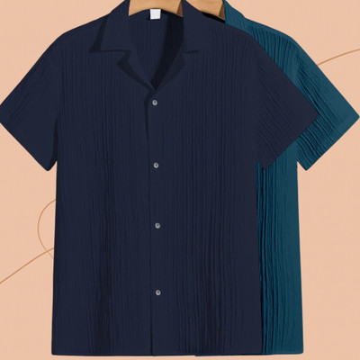 Jenil Fashion Men Self Design Casual Dark Blue, Blue Shirt(Pack of 2)