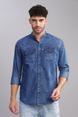 AIDAN PAUL Men Washed Casual Dark Blue Shirt