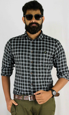 Indi Hemp Men Checkered Casual White, Black Shirt
