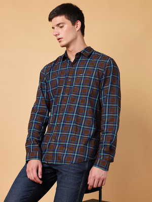 Wrangler Men Checkered Casual Brown, Blue, White Shirt